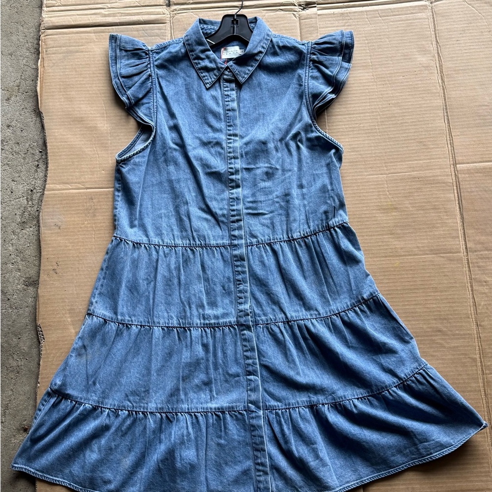 Alice + Olivia Denim Tiered Mini Dress in Blue with Flutter Sleeves